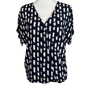 FRNCH Wrap Look Blouse Navy Geo Print Cream Short Sleeve Size M/L